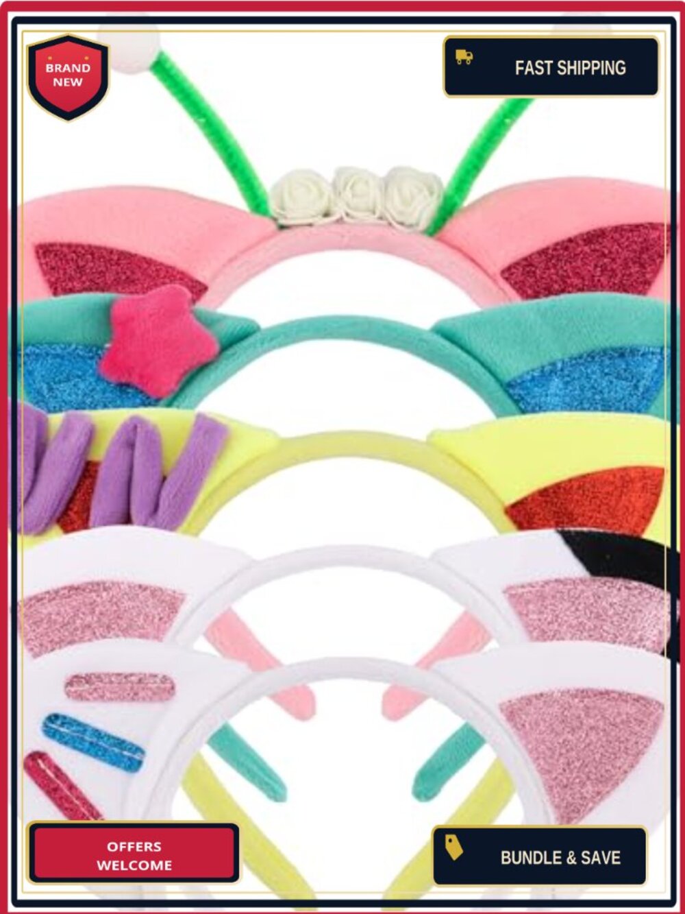 Cat Ears Headband Set 5Pc Flannel Glitter Costume Party Cosplay Hair Accessories